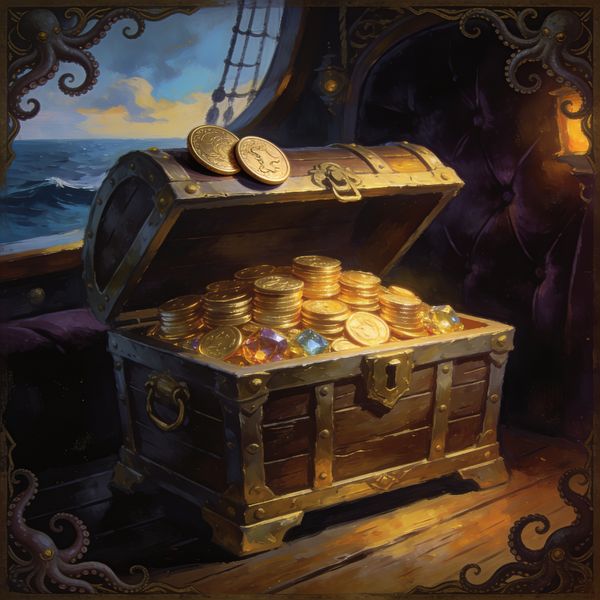 Open treasure chest filled with gold coins and gems, premium pirate-casino illustration