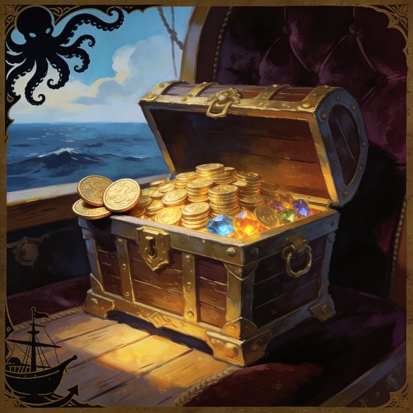 Open treasure chest overflowing with gold coins and gems in a luxurious pirate captain's quarters