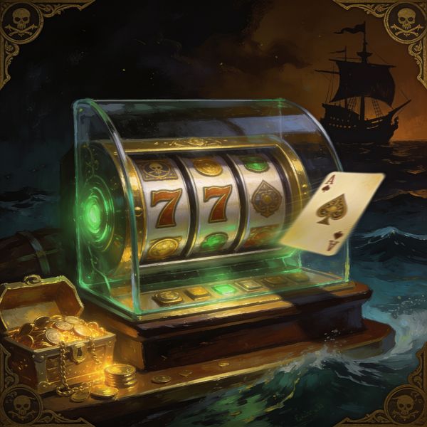 Painted digital illustration of a slot reel mid-spin behind clean glass with a card frozen in motion, warm gold and emerald casino atmosphere