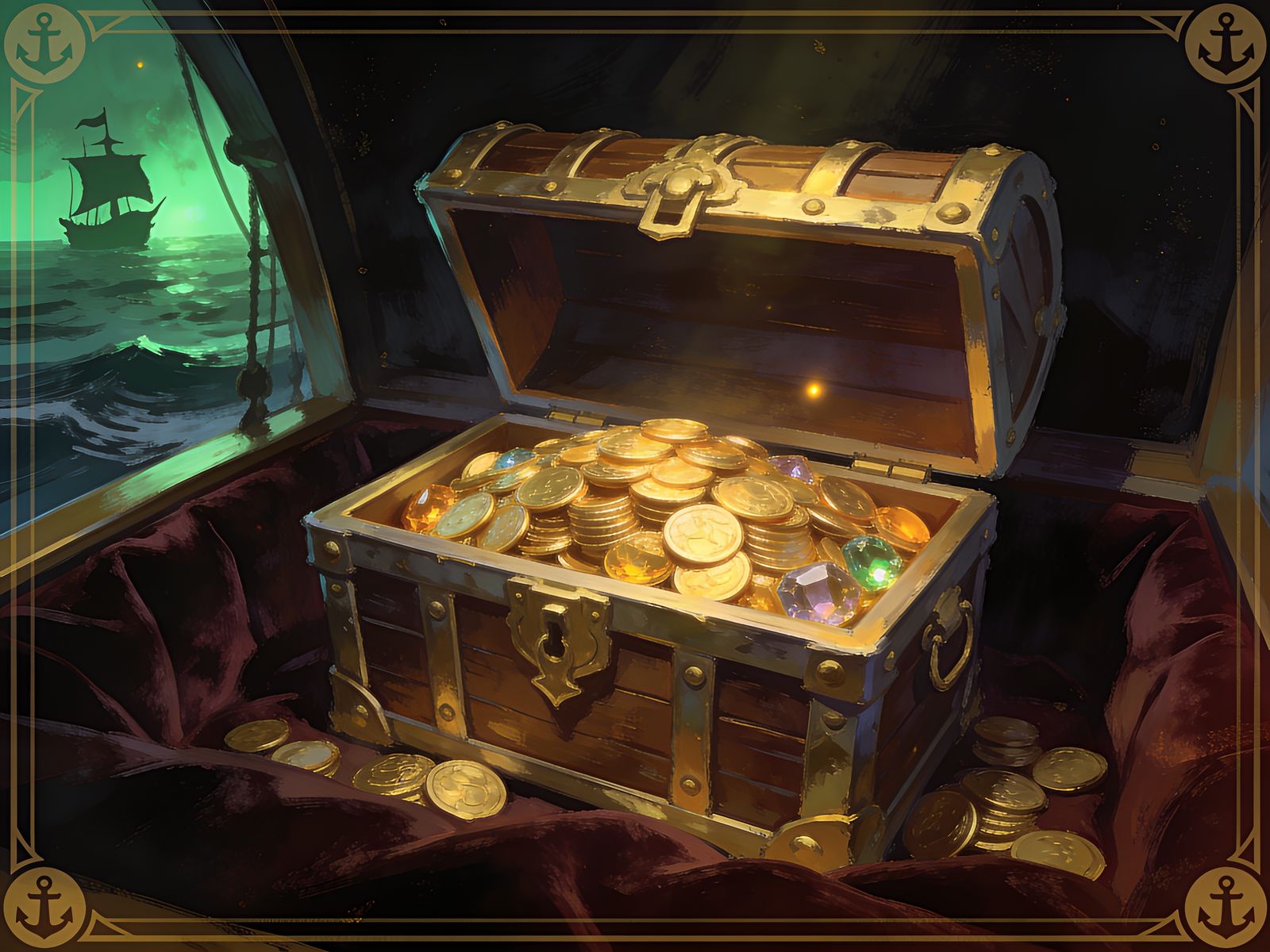 Painted digital illustration of an open treasure chest with neatly piled gold coins and gems in a velvet-lined captain's quarters, warm gold and emerald glow