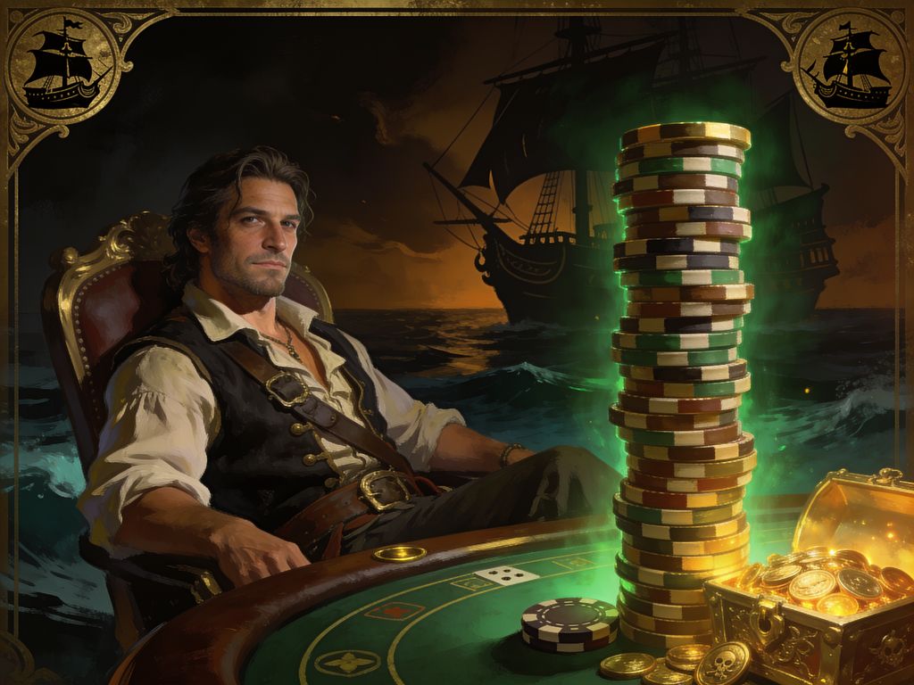 Painted digital illustration of a man leaning back with a tall stack of casino chips on the table, luxurious VIP atmosphere