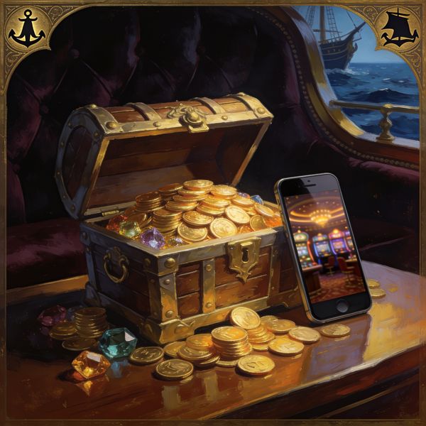 FatPirate mobile casino with treasure chest and gold coins on a velvet-lined captain's table