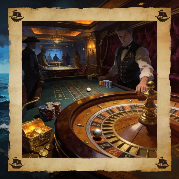 Roulette wheel in mid-spin with gold chips on a velvet casino table, dramatic pirate-casino atmosphere
