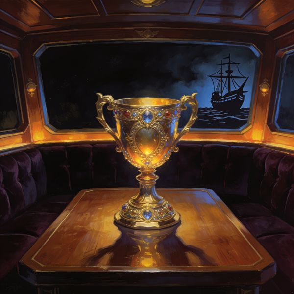 Jeweled trophy cup in an elegant captain's quarters with warm golden lighting