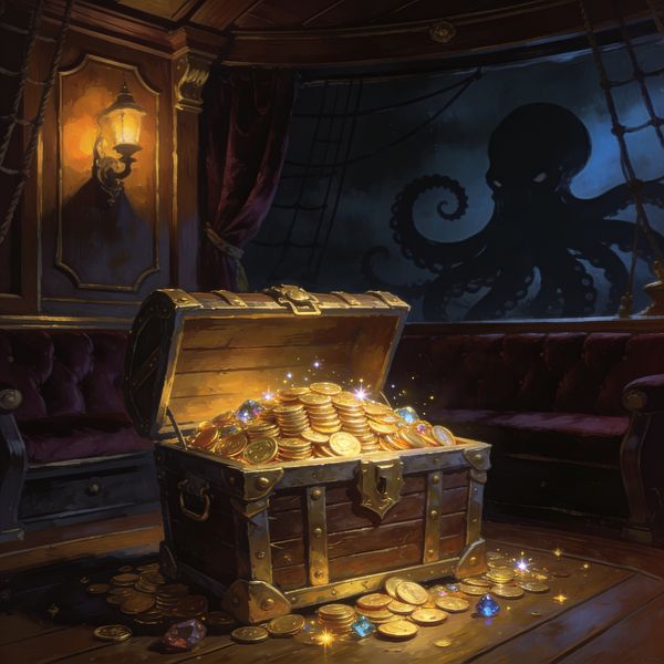 Open treasure chest with gold coins and gems in an opulent captain's quarters, warm golden glow